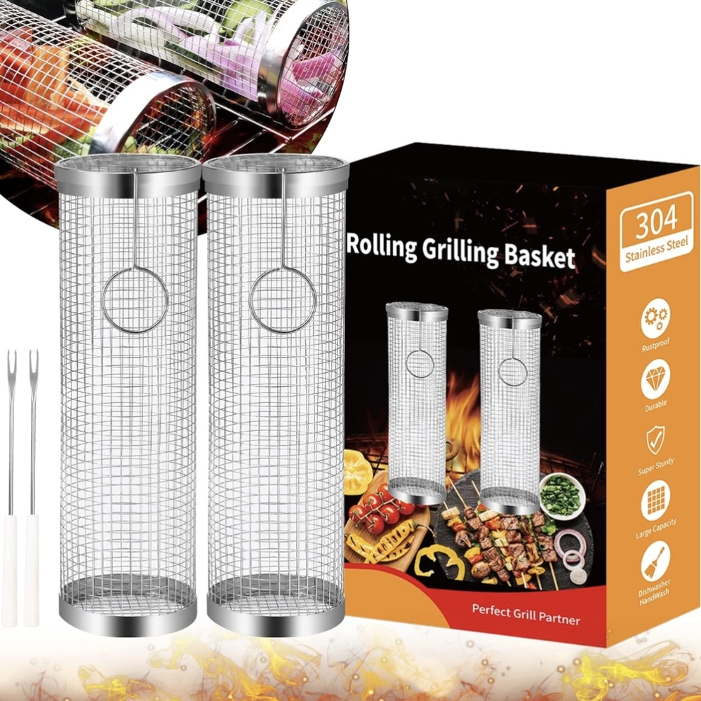 Grill Basket 2 PCS, BBQ Grill Basket, Rolling Grilling Basket, Stainless Steel G